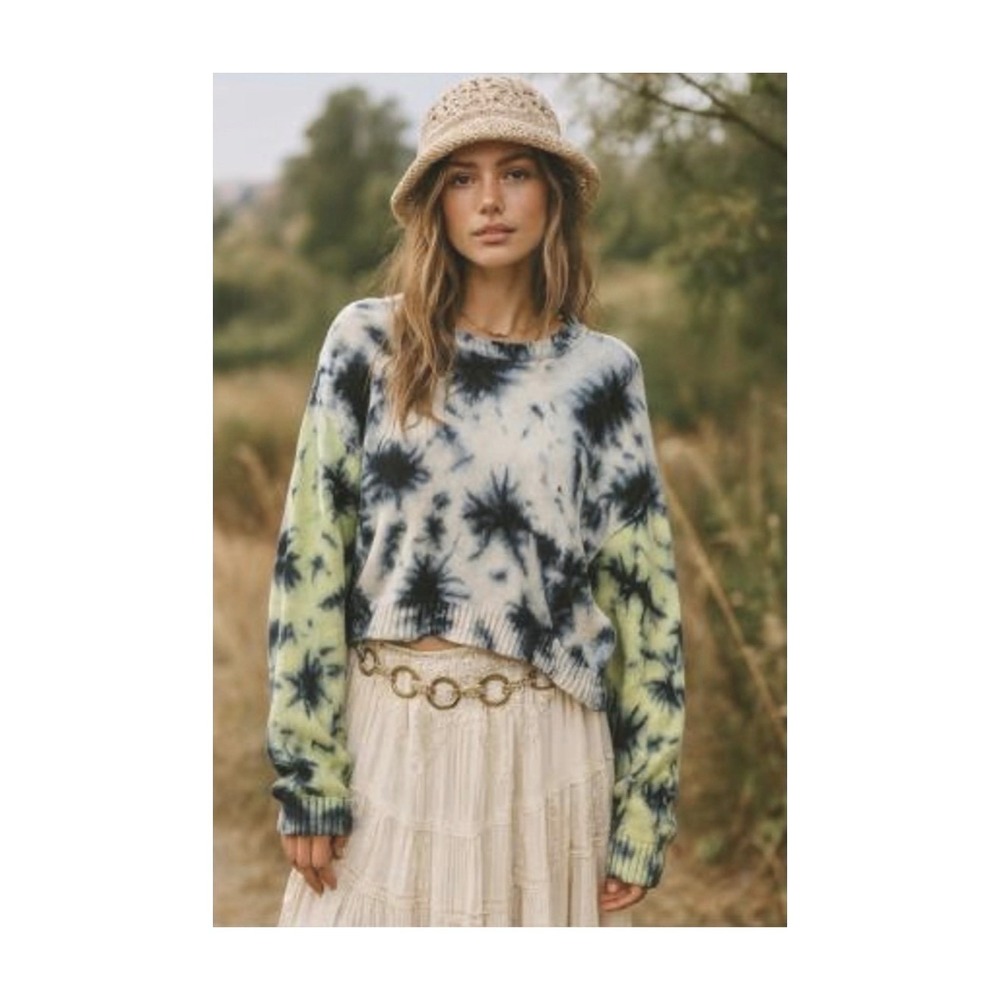 Michael Stars Women Medium LS Sweater Tie Dye Blue Knit Crew Neck Casual Boho